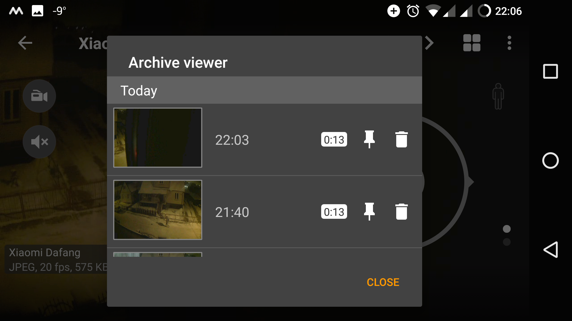 tinyCam App on Android with Archive Records